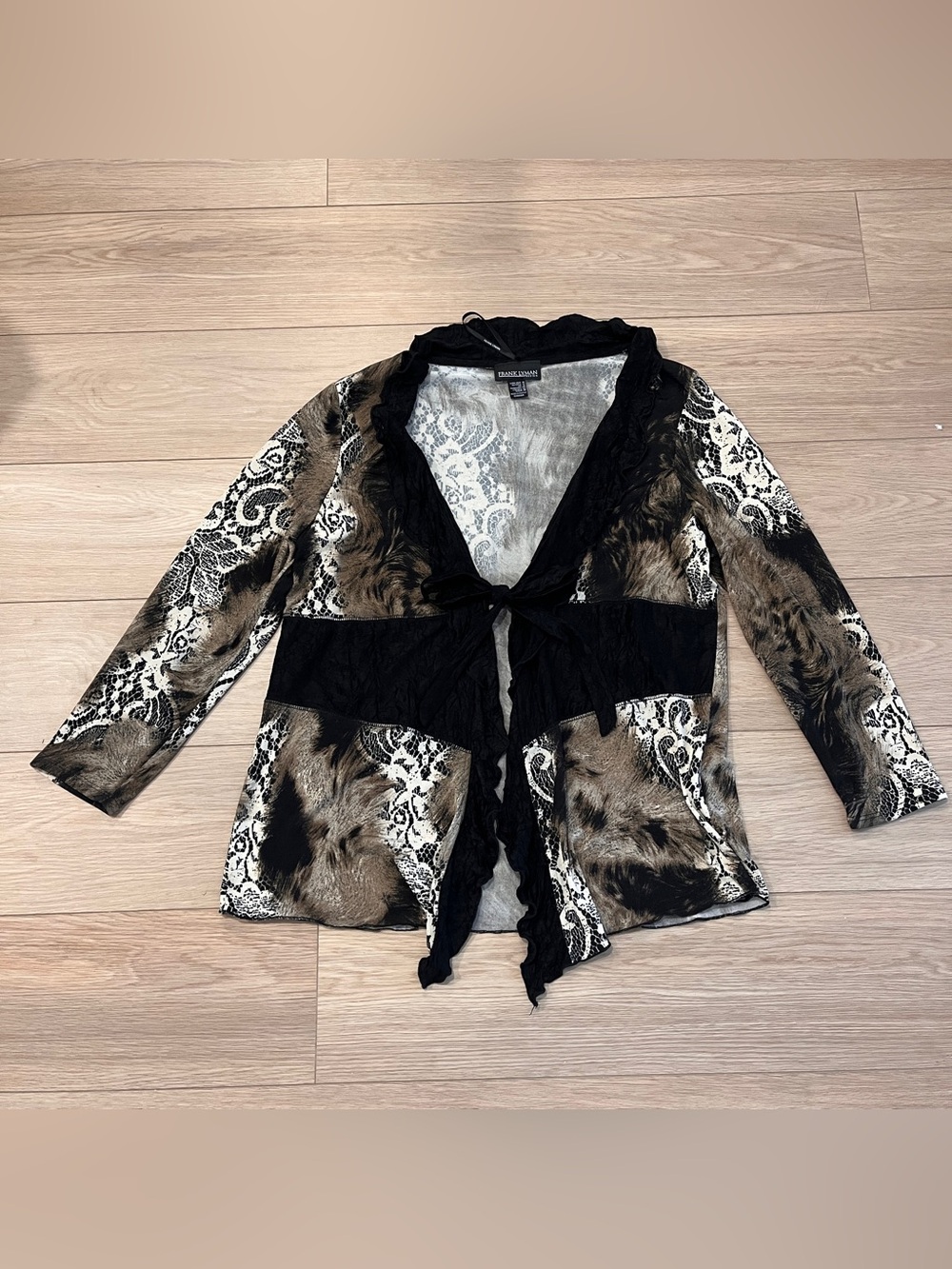 Frank Lyman Animal Print Ruffle Open Front Cardigan Jacket Size 16 Indie Y2K